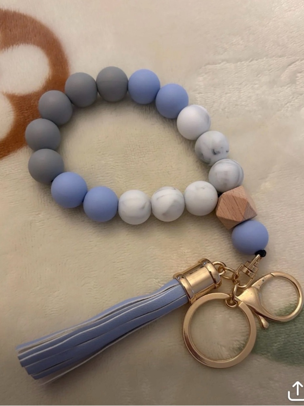 Blue Gray Marble Beaded Tassel Keychain Bracelet